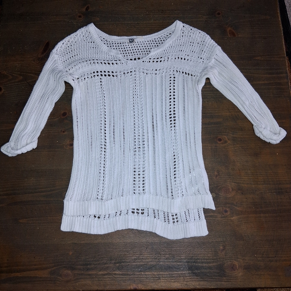 Roxy Swim Cover Up Size Small Crochet Y2k White 3/4 Sleeve Sweater Surfer Hippie